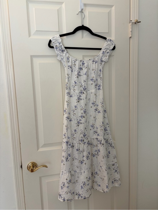 Reformation Dresses & Skirts - Reformation Cream Linen Midi Dress with Blue Floral Print off the shoulder 0P